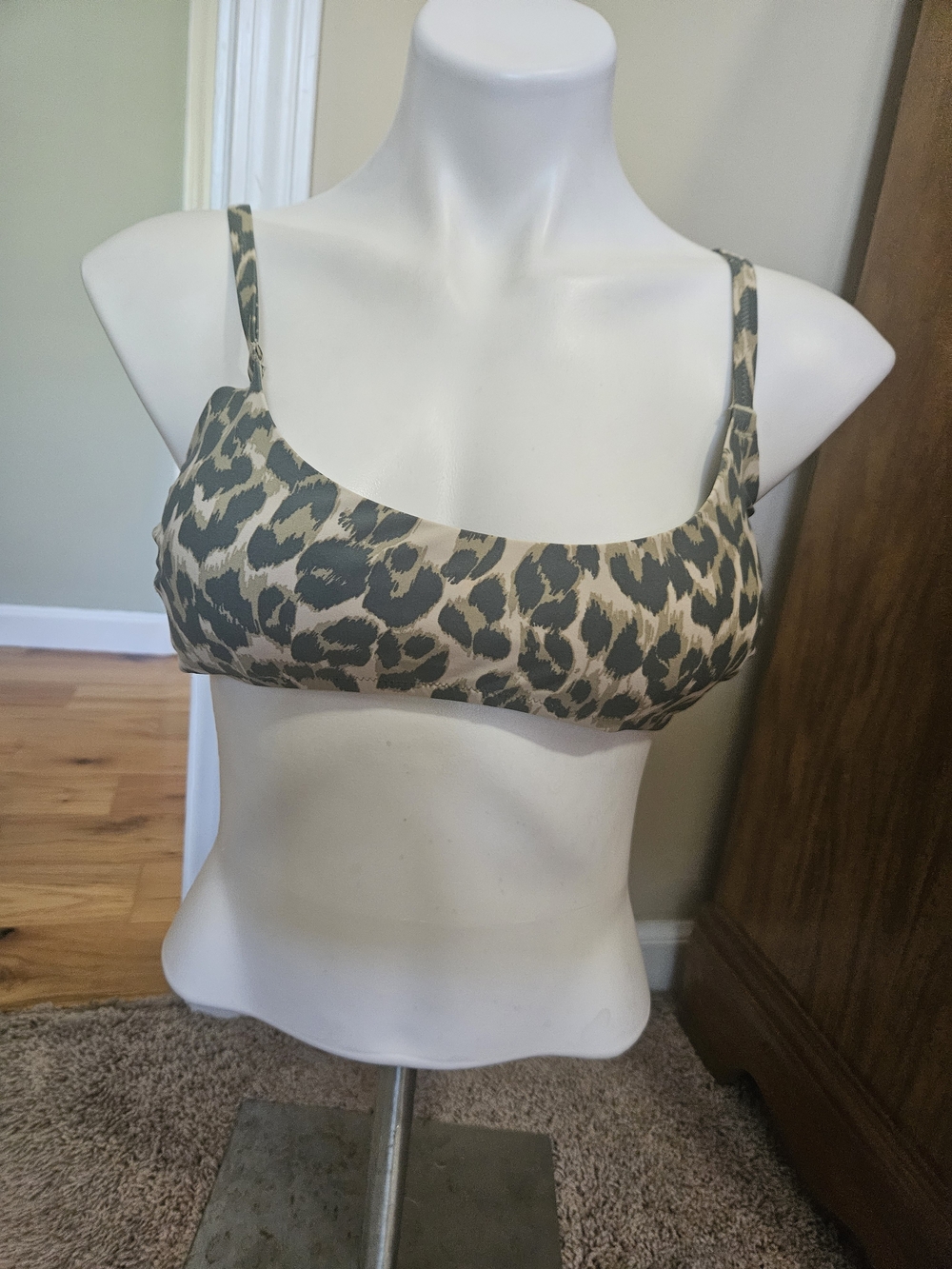 aerie Leopard Print Bikini Top in Taupe and Olive